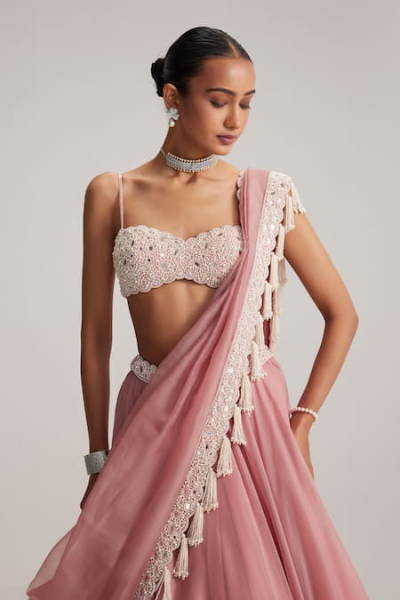 Shop Vvani By Vani Vats Pink Organza, Georgette Mirrors, Pearls, Embroidery, Tassels And Work Lehenga Set Online at Aza Fashions Shop_Vvani By Vani Vats_Pink Organza, Georgette Mirrors, Pearls, Embroidery, Tassels And Work Lehenga Set _Online_at_Aza_Fashions