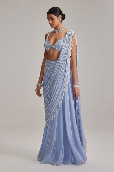 Vvani By Vani Vats_Blue Georgette Pearls, Tassels, Mirrors, Beads, Linear And Work Draped Saree Set _Online_at_Aza_Fashions