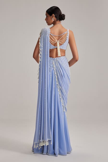 Vvani By Vani Vats Linear Mirror & Pearl Work Draped Saree Set 