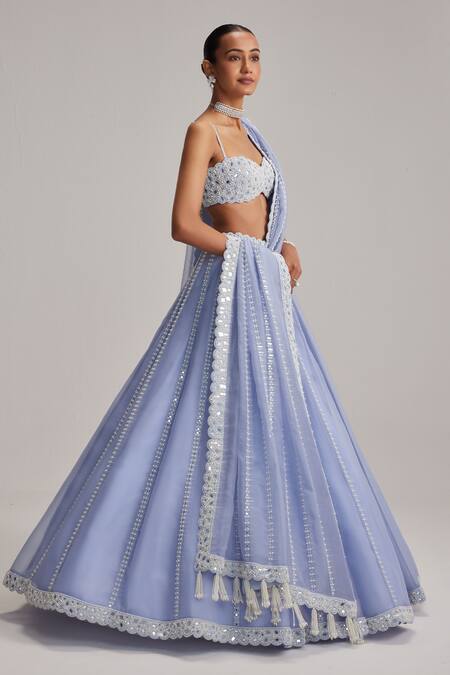 Vvani By Vani Vats Blue Organza, Georgette Embroidery, Mirrors, Beads, Dew Linear Lehenga Set Online at Aza Fashions Vvani By Vani Vats_Blue Organza, Georgette Embroidery, Mirrors, Beads, Dew Linear Lehenga Set _Online_at_Aza_Fashions