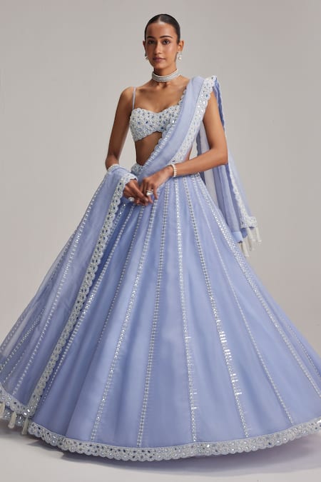 Shop Vvani By Vani Vats Blue Organza, Georgette Embroidery, Mirrors, Beads, Dew Linear Lehenga Set Online at Aza Fashions Shop_Vvani By Vani Vats_Blue Organza, Georgette Embroidery, Mirrors, Beads, Dew Linear Lehenga Set _Online_at_Aza_Fashions