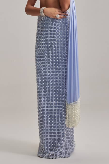 Vvani By Vani Vats Blue Net, Georgette, Satin Pearls, Beads Sweetheart Neck Dew Pencil Skirt Set Online at Aza Fashions Vvani By Vani Vats_Blue Net, Georgette, Satin Pearls, Beads Sweetheart Neck Dew Pencil Skirt Set _Online_at_Aza_Fashions