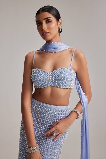 Buy Vvani By Vani Vats Blue Net, Georgette, Satin Pearls, Beads Sweetheart Neck Dew Pencil Skirt Set Online at Aza Fashions Buy_Vvani By Vani Vats_Blue Net, Georgette, Satin Pearls, Beads Sweetheart Neck Dew Pencil Skirt Set _Online_at_Aza_Fashions