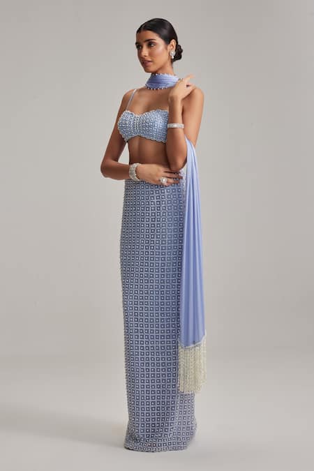 Shop Vvani By Vani Vats Blue Net, Georgette, Satin Pearls, Beads Sweetheart Neck Dew Pencil Skirt Set Online at Aza Fashions Shop_Vvani By Vani Vats_Blue Net, Georgette, Satin Pearls, Beads Sweetheart Neck Dew Pencil Skirt Set _Online_at_Aza_Fashions