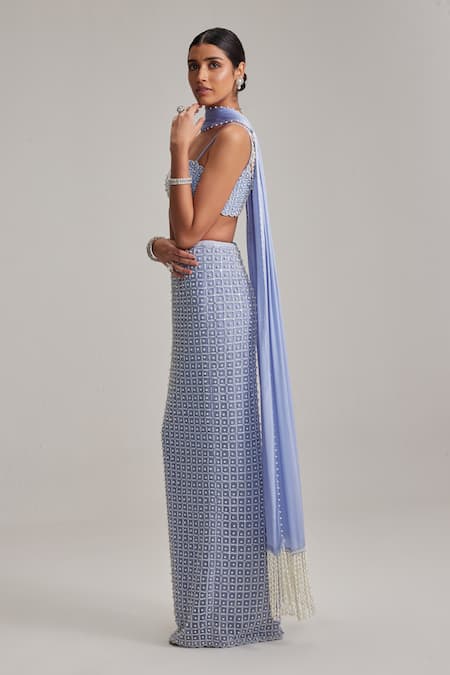 Vvani By Vani Vats Blue Net, Georgette, Satin Pearls, Beads Sweetheart Neck Dew Pencil Skirt Set at Aza Fashions Vvani By Vani Vats_Blue Net, Georgette, Satin Pearls, Beads Sweetheart Neck Dew Pencil Skirt Set _at_Aza_Fashions