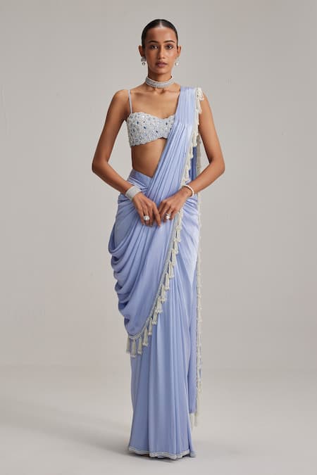 Vvani By Vani Vats Dew Blue Satin Draped Saree Set 