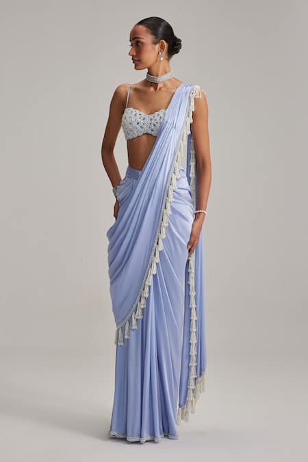 Vvani By Vani Vats_Blue Satin, Georgette Tassels, Pearls, Mirrors Sweetheart Dew Draped Saree Set _Online_at_Aza_Fashions