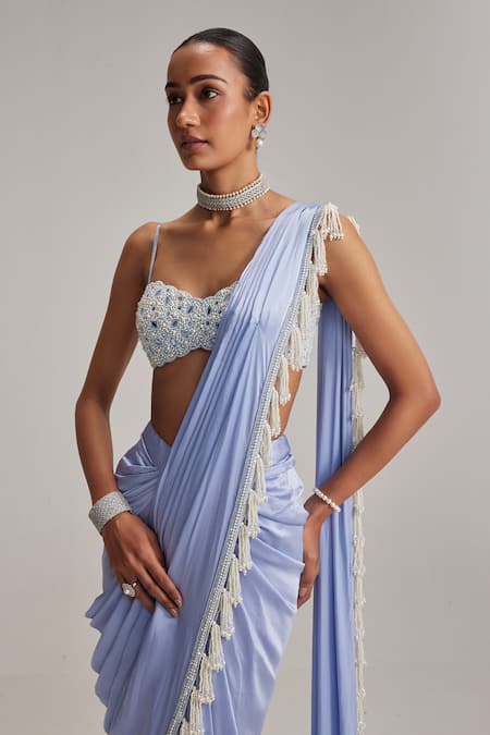 Shop_Vvani By Vani Vats_Blue Satin, Georgette Tassels, Pearls, Mirrors Sweetheart Dew Draped Saree Set _Online_at_Aza_Fashions