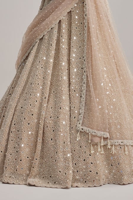 Buy_Vvani By Vani Vats_Beige Organza, Georgette, Net Mirrors, Pearls, Dense And Work Lehenga Set _Online_at_Aza_Fashions