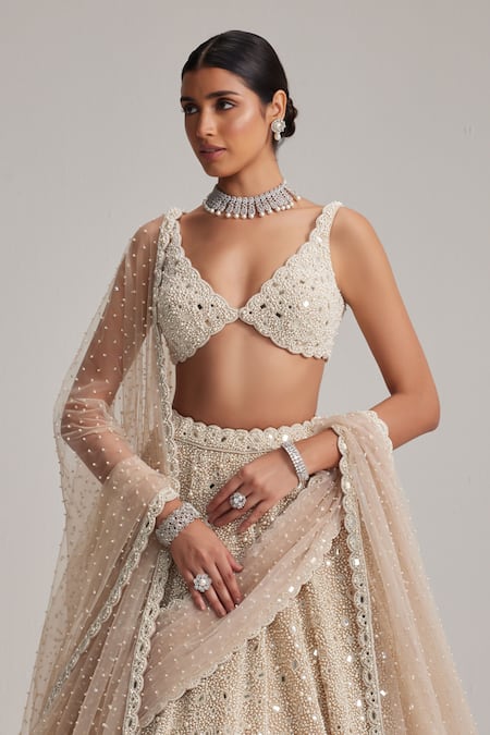 Vvani By Vani Vats_Beige Organza, Georgette, Net Mirrors, Pearls, Dense And Work Bridal Lehenga Set _Online_at_Aza_Fashions