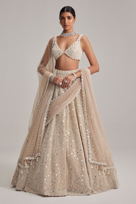 Buy_Vvani By Vani Vats_Beige Organza, Georgette, Net Mirrors, Pearls, Dense And Work Bridal Lehenga Set _Online_at_Aza_Fashions