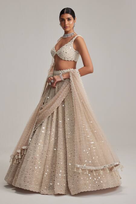 Shop_Vvani By Vani Vats_Beige Organza, Georgette, Net Mirrors, Pearls, Dense And Work Bridal Lehenga Set _Online_at_Aza_Fashions