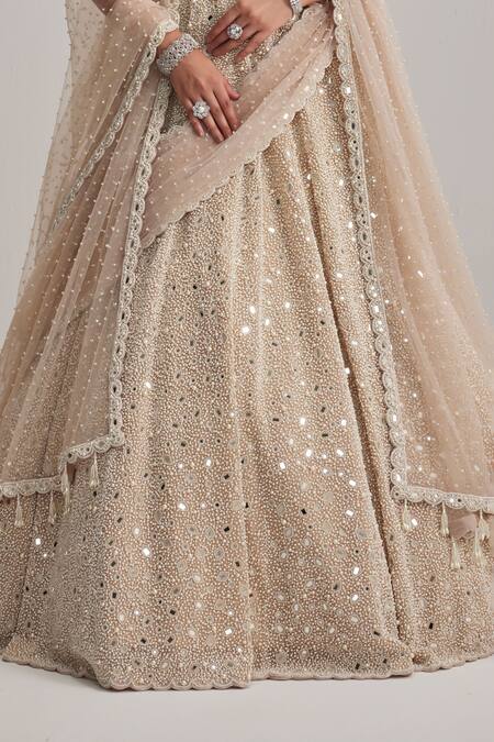 Vvani By Vani Vats_Beige Organza, Georgette, Net Mirrors, Pearls, Dense And Work Bridal Lehenga Set _at_Aza_Fashions