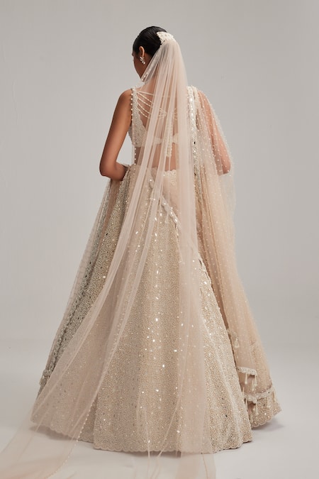 Vvani By Vani Vats Mirror & Pearl Work Bridal Lehenga Set With Veil 