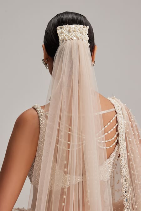 Buy_Vvani By Vani Vats_Beige Organza, Georgette, Net Mirrors, And Work Bridal Lehenga Set With Veil _Online_at_Aza_Fashions