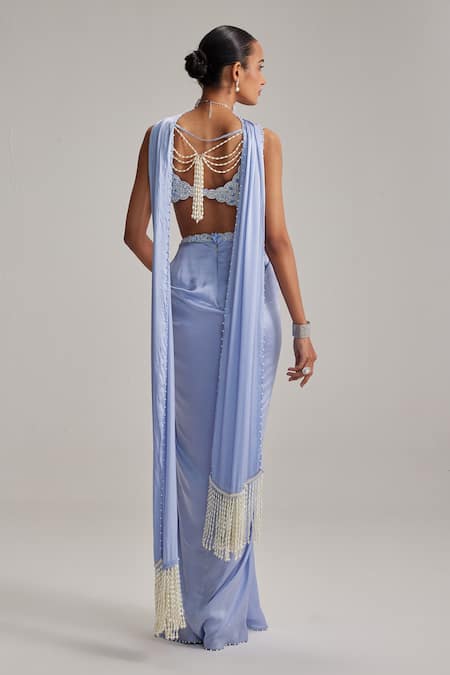Vvani By Vani Vats Dew Blue Satin Draped Skirt Set 