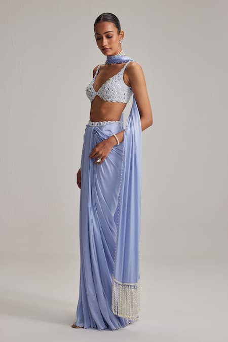 Vvani By Vani Vats_Sky Blue Georgette, Satin Mirrors, Pearls, Embroidery Dew Draped Skirt Set _Online_at_Aza_Fashions