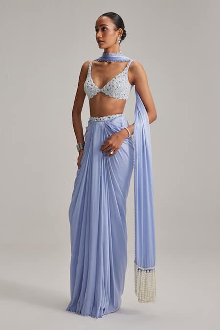 Buy_Vvani By Vani Vats_Sky Blue Georgette, Satin Mirrors, Pearls, Embroidery Dew Draped Skirt Set _Online_at_Aza_Fashions