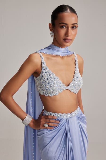 Shop_Vvani By Vani Vats_Sky Blue Georgette, Satin Mirrors, Pearls, Embroidery Dew Draped Skirt Set _Online_at_Aza_Fashions
