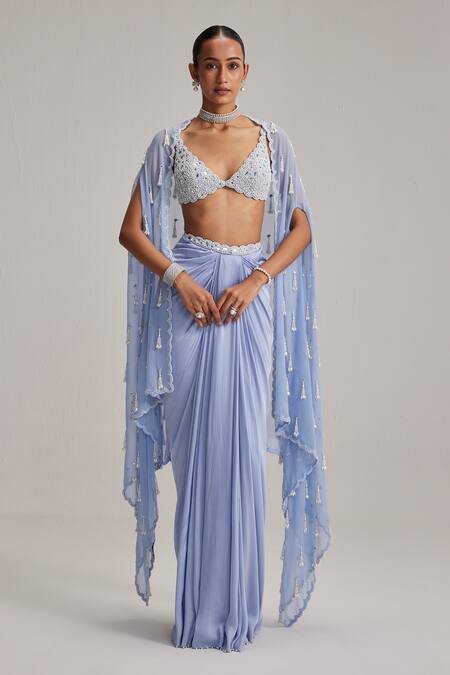 Vvani By Vani Vats Blue Satin, Georgette Pearls, Mirrors, Beads Open Dew Cape And Draped Skirt Set Online at Aza Fashions Vvani By Vani Vats_Blue Satin, Georgette Pearls, Mirrors, Beads Open Dew Cape And Draped Skirt Set _Online_at_Aza_Fashions