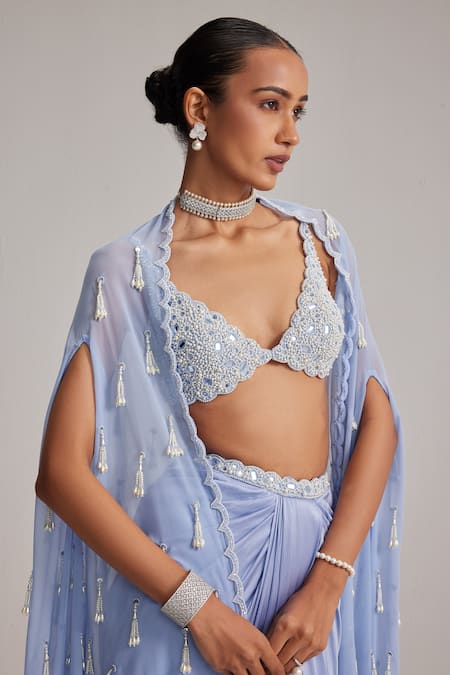 Buy Vvani By Vani Vats Blue Satin, Georgette Pearls, Mirrors, Beads Open Dew Cape And Draped Skirt Set Online at Aza Fashions Buy_Vvani By Vani Vats_Blue Satin, Georgette Pearls, Mirrors, Beads Open Dew Cape And Draped Skirt Set _Online_at_Aza_Fashions