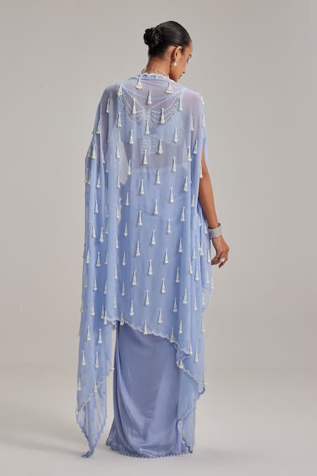 Vvani By Vani Vats Dew Blue Cape & Draped Skirt Set 