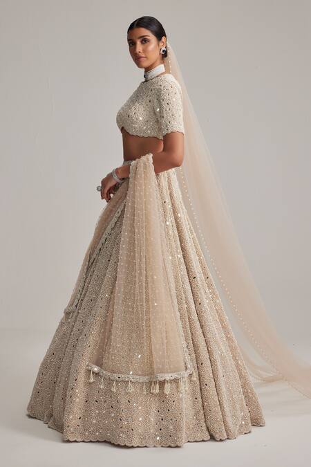Vvani By Vani Vats_Beige Organza, Georgette, Net Mirrors, And Work Bridal Lehenga Set With Veil _Online_at_Aza_Fashions