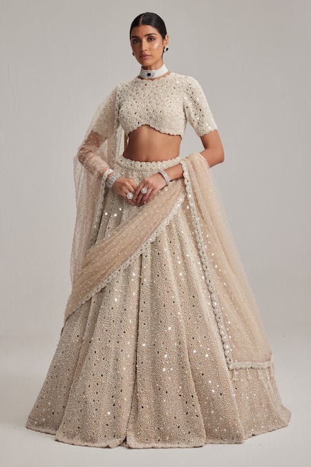 Vvani By Vani Vats Mirror & Pearl Work Bridal Lehenga Set With Veil 