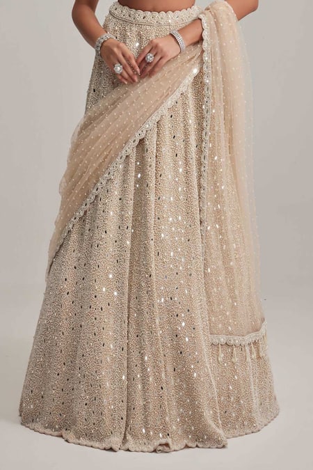 Shop Vvani By Vani Vats Beige Organza, Georgette, Net Mirrors, Pearls, Embroidery And Bridal Lehenga Set Online at Aza Fashions Shop_Vvani By Vani Vats_Beige Organza, Georgette, Net Mirrors, Pearls, Embroidery And Bridal Lehenga Set _Online_at_Aza_Fashions