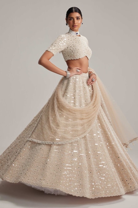 Vvani By Vani Vats Beige Organza, Georgette, Net Mirrors, Pearls, Embroidery And Bridal Lehenga Set at Aza Fashions Vvani By Vani Vats_Beige Organza, Georgette, Net Mirrors, Pearls, Embroidery And Bridal Lehenga Set _at_Aza_Fashions