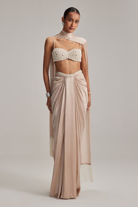 Vvani By Vani Vats Light Beige Satin Draped Skirt Set 