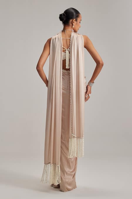 Vvani By Vani Vats Light Beige Satin Draped Skirt Set 