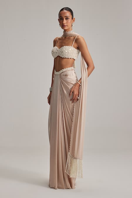 Vvani By Vani Vats_Cream Georgette, Satin Mirrors, Pearls, Embroidery Light Beige Draped Skirt Set _Online_at_Aza_Fashions