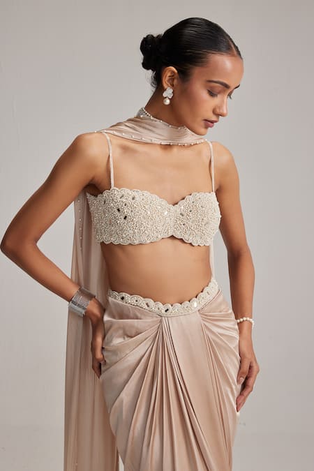 Buy_Vvani By Vani Vats_Cream Georgette, Satin Mirrors, Pearls, Embroidery Light Beige Draped Skirt Set _Online_at_Aza_Fashions