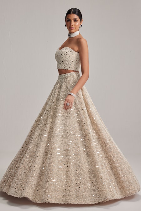 Vvani By Vani Vats Dense Mirror & Pearl Work Corset Lehenga Set 