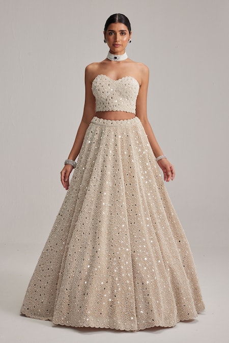 Vvani By Vani Vats_Beige Organza, Georgette Mirrors, Pearls, Dense And Work Corset Lehenga Set _Online_at_Aza_Fashions