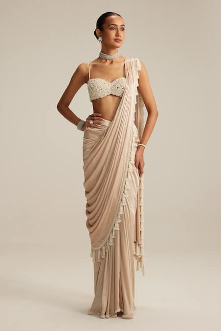 Vvani By Vani Vats_Beige Georgette Mirrors, Pearls, Tassels Sweetheart And Work Draped Saree Set _Online_at_Aza_Fashions