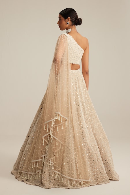 Vvani By Vani Vats Mirror & Pearl Work One Shoulder Blouse Lehenga Set 