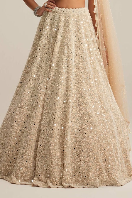 Shop Vvani By Vani Vats Beige Organza, Georgette, Net Mirrors, Pearls, And Work Blouse Lehenga Set Online at Aza Fashions Shop_Vvani By Vani Vats_Beige Organza, Georgette, Net Mirrors, Pearls, And Work Blouse Lehenga Set _Online_at_Aza_Fashions