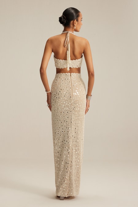 Vvani By Vani Vats Light Beige Mirror Work Pencil Skirt 