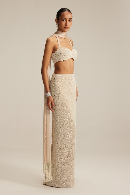 Vvani By Vani Vats_Beige Georgette, Net, Satin Embroidery, Mirrors Halter Light Work Pencil Skirt _Online_at_Aza_Fashions