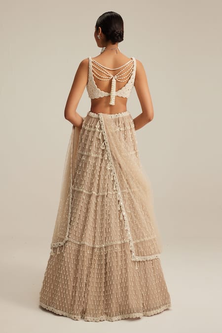 Vvani By Vani Vats Light Beige Pearl Drop Multi Tier Lehenga Set 