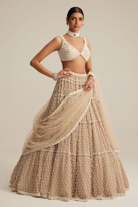 Vvani By Vani Vats Beige Georgette, Net Pearls, Embroidery, Light Drop Multi Tier Lehenga Set Online at Aza Fashions Vvani By Vani Vats_Beige Georgette, Net Pearls, Embroidery, Light Drop Multi Tier Lehenga Set _Online_at_Aza_Fashions