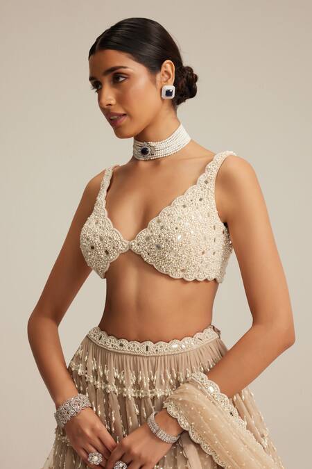 Buy Vvani By Vani Vats Beige Georgette, Net Pearls, Embroidery, Light Drop Multi Tier Lehenga Set Online at Aza Fashions Buy_Vvani By Vani Vats_Beige Georgette, Net Pearls, Embroidery, Light Drop Multi Tier Lehenga Set _Online_at_Aza_Fashions