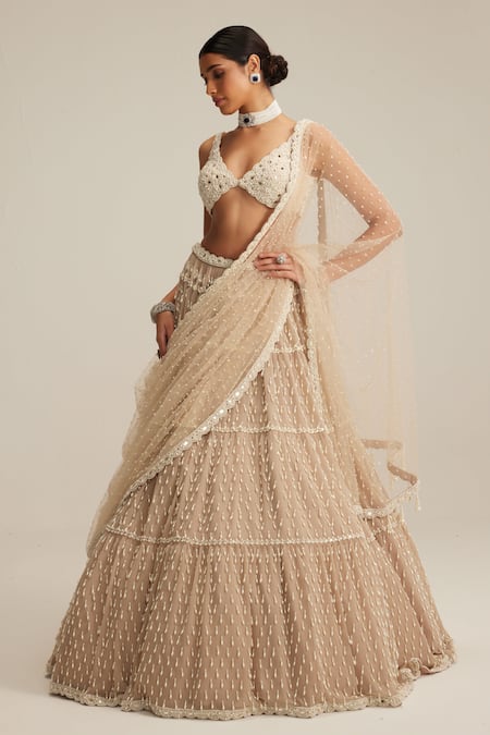 Shop Vvani By Vani Vats Beige Georgette, Net Pearls, Embroidery, Light Drop Multi Tier Lehenga Set Online at Aza Fashions Shop_Vvani By Vani Vats_Beige Georgette, Net Pearls, Embroidery, Light Drop Multi Tier Lehenga Set _Online_at_Aza_Fashions