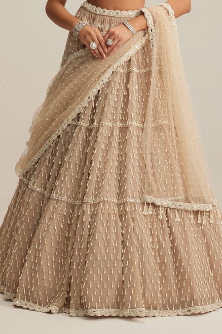 Buy Vvani By Vani Vats Beige Georgette, Net Pearls, Embroidery, Light Drop Multi Tier Lehenga Set Buy_Vvani By Vani Vats_Beige Georgette, Net Pearls, Embroidery, Light Drop Multi Tier Lehenga Set
