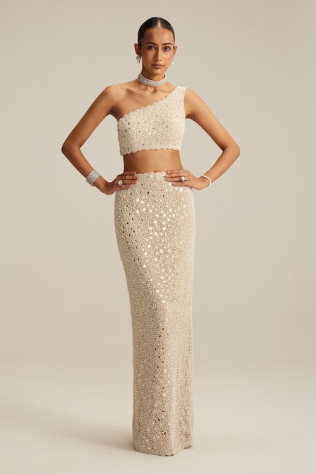 Vvani By Vani Vats One Shoulder Blouse & Pencil Skirt Set 