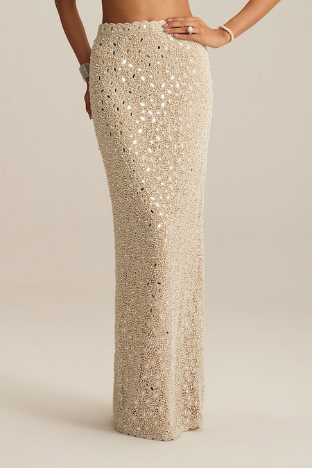 Vvani By Vani Vats_Beige Georgette, Net Beads, Mirrors One Shoulder Blouse And Pencil Skirt Set _Online_at_Aza_Fashions