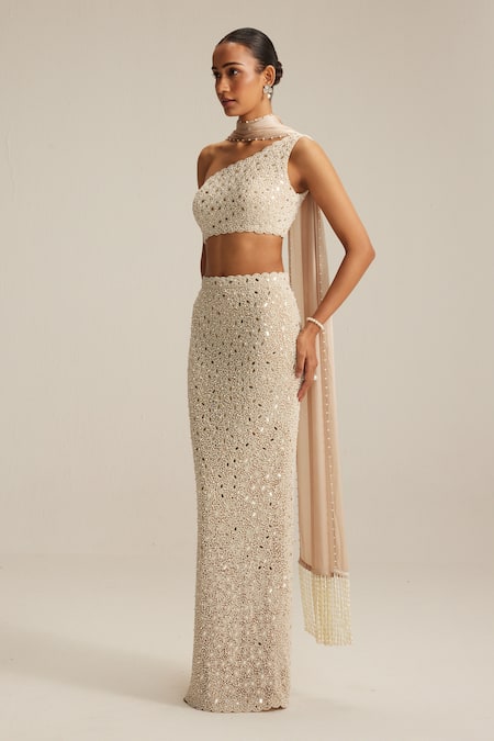 Vvani By Vani Vats_Beige Georgette, Net, Satin Beads, Mirrors One Pencil Skirt With Stole Set _Online_at_Aza_Fashions