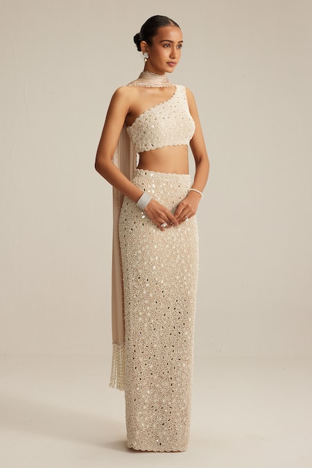 Buy_Vvani By Vani Vats_Beige Georgette, Net, Satin Beads, Mirrors One Pencil Skirt With Stole Set _Online_at_Aza_Fashions